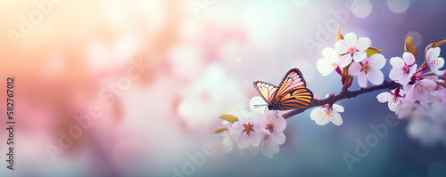 spring flowers with butterfly on blurred soft background, generative ai