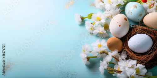 happy easter, easter eggs and flowers on light blue background, generative ai
