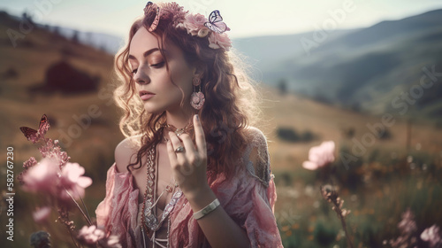 beautiful young woman in a field of flowers, relaxing spring time concept, generative ai