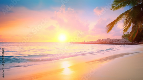 beautiful sunset on the beach, summer vacation at the ocean, generative ai