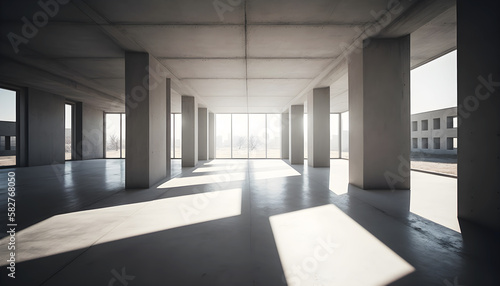 Grunge concrete interior with sunlight, illustration ai generative