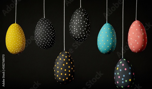 Easter eggs hanging on isolated black background. generative ai.