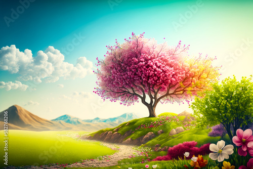 A beautiful colourful spring landscape with a pink flowering tree. Created with Generative AI.