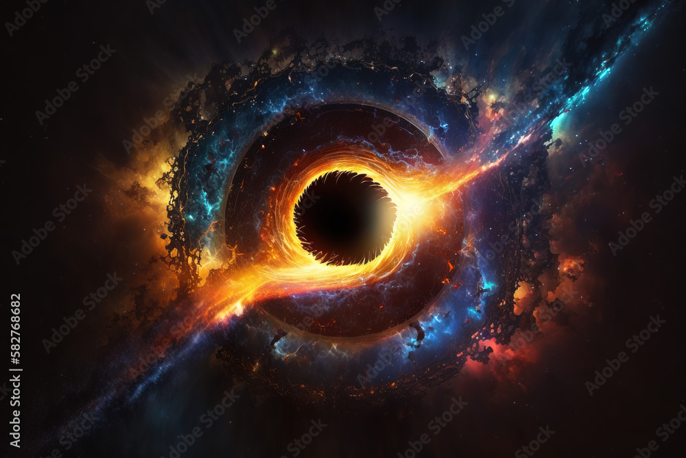 Black hole devouring a star, causing a gamma-ray burst. Cinematic style with dramatic lighting. - Generative AI - obrazy, fototapety, plakaty 