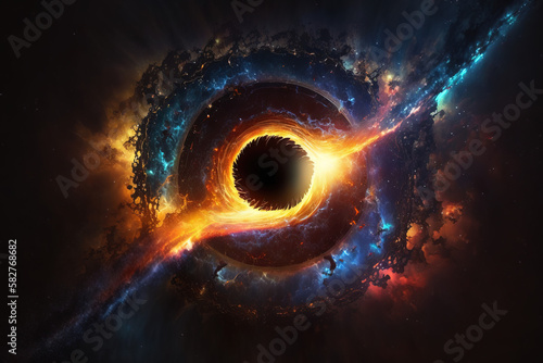 Black hole devouring a star, causing a gamma-ray burst. Cinematic style with dramatic lighting. - Generative AI photo