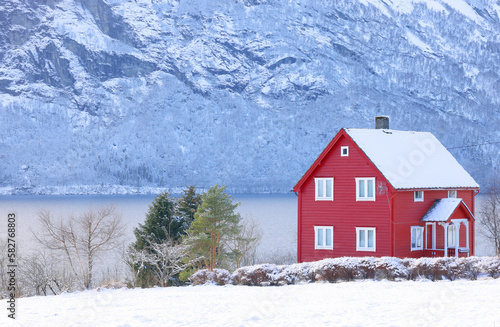 View of the village of Skei and lake Jolstravatnet, in Sunnfjord Municipality, Vestland county, Norway. Scenic landscape in winter, with reflections on the water.
 photo