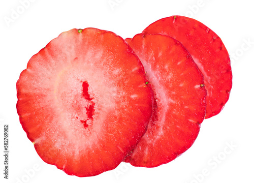 Juicy Strawberry slices isolated on white background. Creative layout with Strawberry fruits Top view. Flat lay .