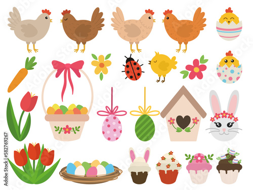 Big set of cute Easter elements. Cartoon easter elements. Easter decoration set.