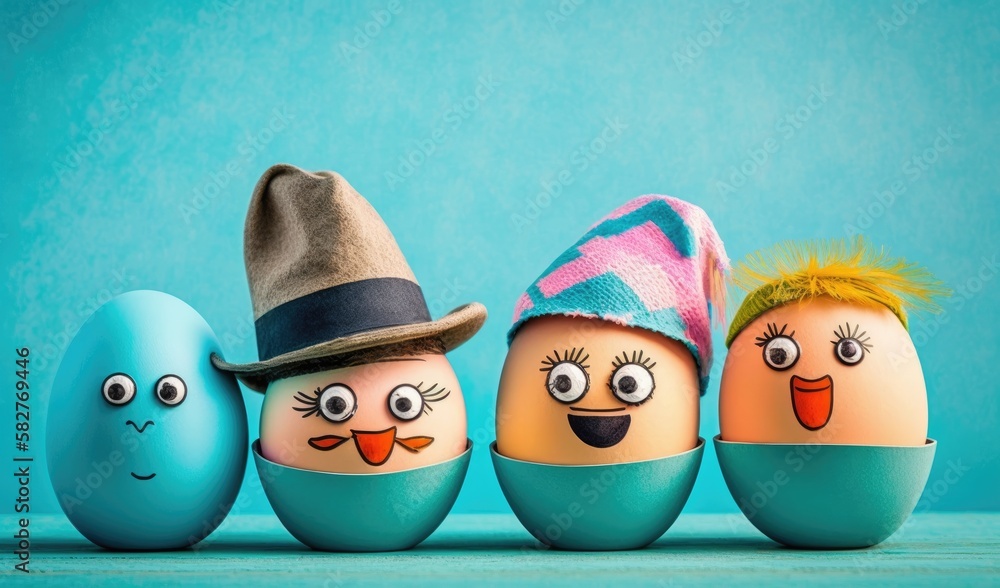 Obraz premium Painted Easter Eggs with Hats on Pastel Color Background
