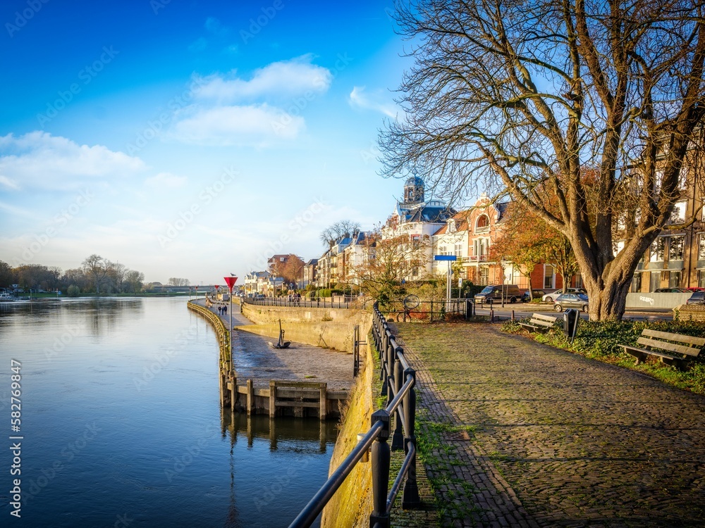 Beautiful riverside town in the Netherlands captured on a sunny day