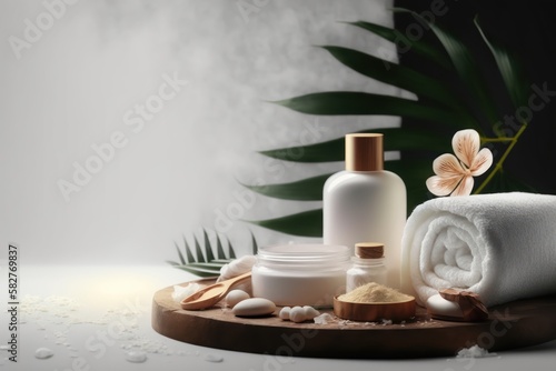 A white bottle of lotion and a towel on a wooden board with a flower on the wall behind it.