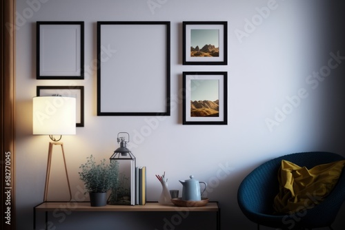 A picture frame on a wall with a picture of a mountain and a lamp