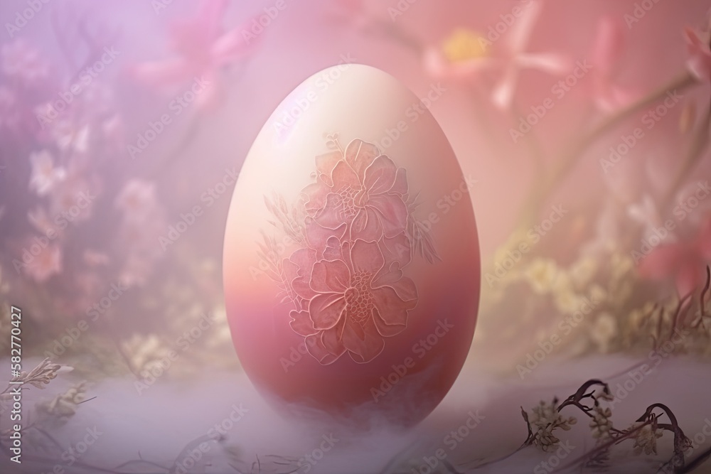 Fantasy Spectral Easter Egg in Fantasy Fairy Mist Background with flowers festive background for decorative design. generative ai Fantasy Spectral Easter Egg in Fantasy Fairy Mist Background with flowers festive background for decorative design. generative ai