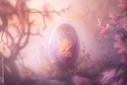 Fantasy Spectral Easter Egg in Fantasy Fairy Mist Background with flowers festive background for decorative design. generative ai