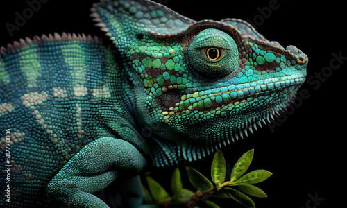 A green and blue chameleon is sitting on a branch, generative AI © Enigma