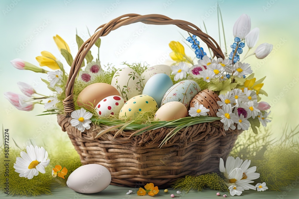 Easter eggs in a basket with flowers Easter eggs in a basket with flowers