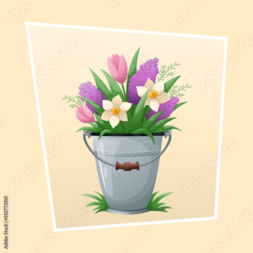 Spring bouquet of flowers in a metal bucket on pastel background. Spring vector illustration isolated on white background.