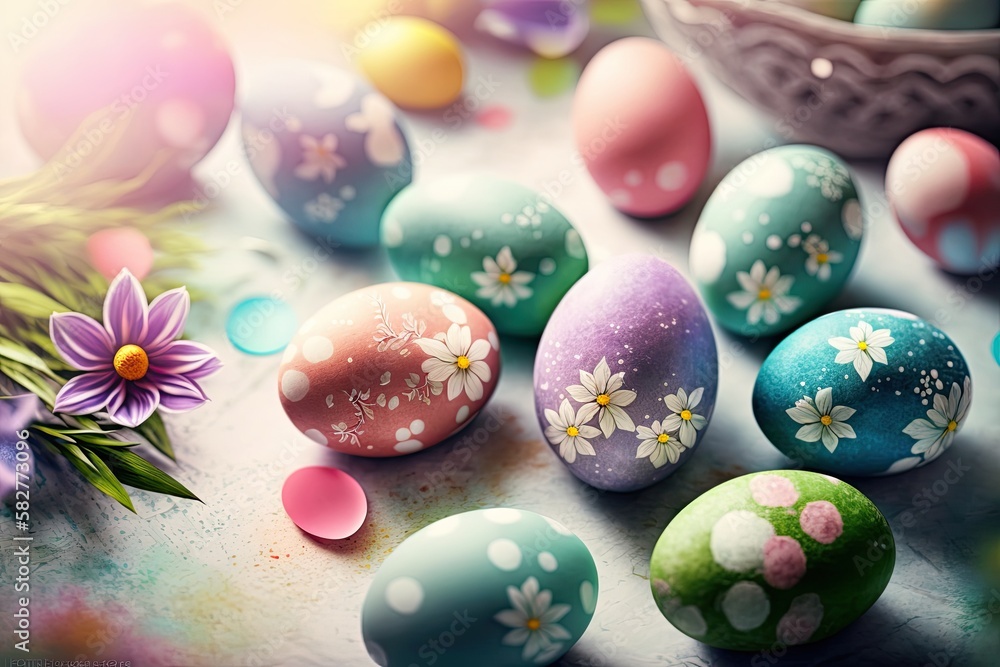 Bunch of Easter Eggs with flowers festive background for decorative design