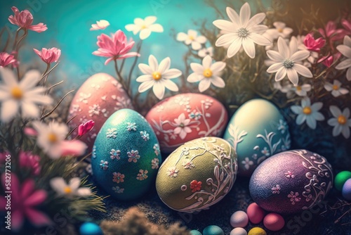 Bunch of Easter Eggs with flowersfestive background for decorative design