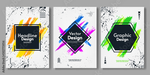 Set of abstract posters. Modern colors. Paint splash and scratches. Vector illustration. Creative vector design for cover, poster, brochure.