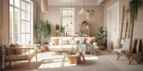 Modern bright home living room interior, background, 3d render Generative AI © VertigoAI