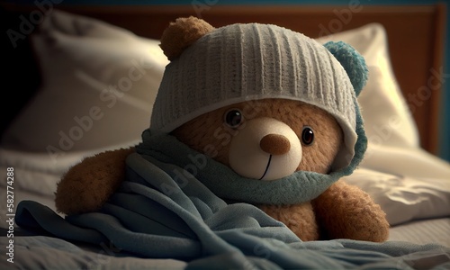 Sick Teddy, a toy in bed with a bandage on his head, generative AI