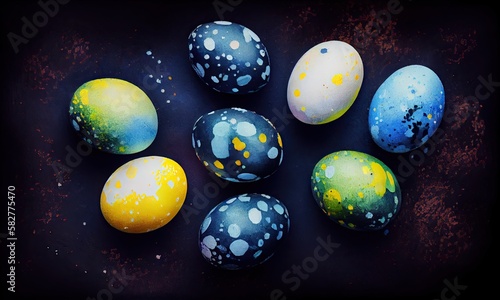 A group of easter eggs with blue, yellow and white dots on a dark background, generative AI