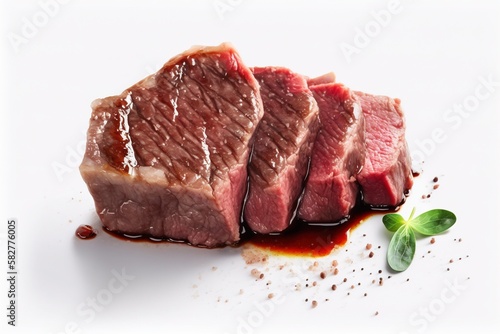 Juicy steak of meat. Fast food, delicious food. White backgeround isolated. photo