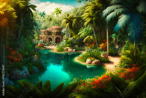 A lush tropical paradise with palm trees  exotic flowers  and clear blue waters