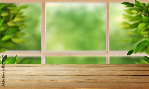 A wooden table in front of a window with a green background  generative AI