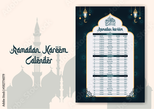 Ramadan time calendar 2023 With Prayer times in Ramadan. Ramadan Schedule - Fasting, Iftar, and Prayer timetable. Islamic background design with mosque and lamp.

