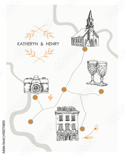 Wedding map. Vector illustration of a wedding invitation.