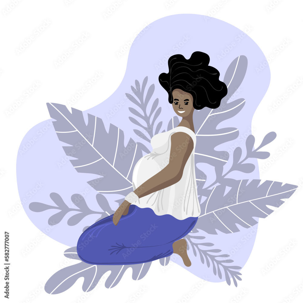 African american pregnant woman doing yoga, having healthy lifestyle and relaxation, exercises for pregnant woman. Happy and healthy pregnancy concept. Vector illustration with nature background African american pregnant woman doing yoga, having healthy lifestyle and relaxation, exercises for pregnant woman. Happy and healthy pregnancy concept. Vector illustration with nature background