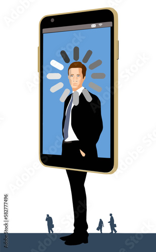 A career that has stalled and going nowhere is illustrated with a spinning wheel on a man’s cellphone. This is a 3-d illustration,