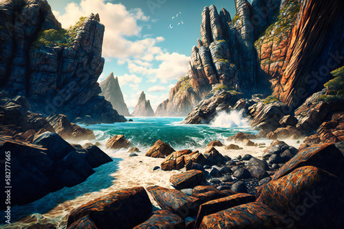 A rugged coastline with towering cliffs and crashing waves