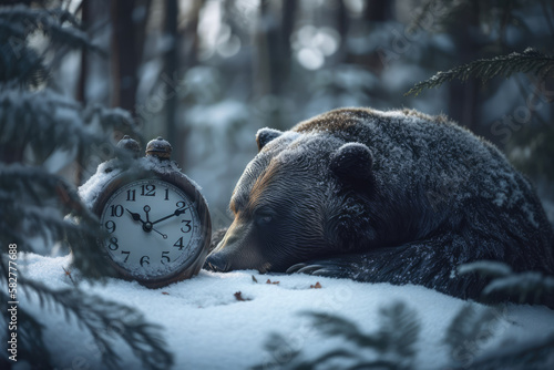 Funny image of a bear hibernating in winter forest snow, having a sleep beside vintage alarm clock to wake him up in spring, generative ai photo