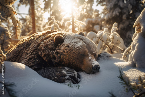 Bear covered with snow, hibernated for winter, sleeping in woods under trees, generative ai photo