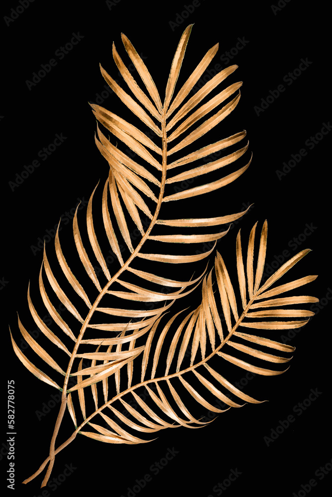 Obraz premium Golden palm leave decorative flower on a black background