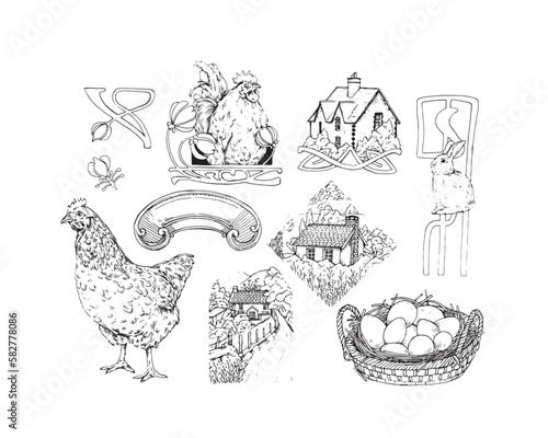 Farm set, farm, chicken, eggs and more. Vector illustration in sketch style.