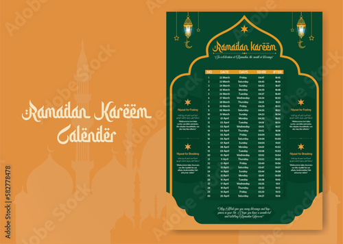 Ramadan time calendar 2023 With Prayer times in Ramadan. Ramadan Schedule - Fasting, Iftar, and Prayer timetable. Islamic background design with mosque and lamp.
