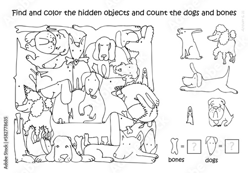 Dogs. Find and color the hidden objects and count the bones, dogs. Coloring page. Game. Educational puzzle for children. Sketch Vector linear illustration