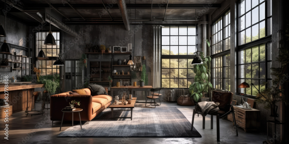Living room loft in industrial style, 3d render Generative AI Living room loft in industrial style, 3d render Generative AI