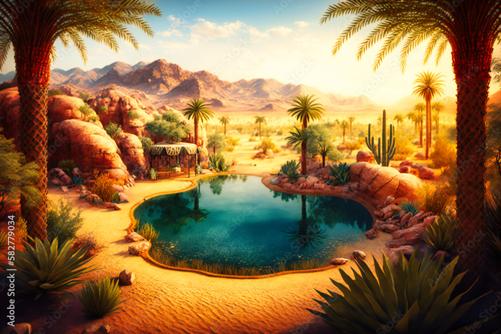 A serene desert oasis with palm trees and a crystal-clear pool of water
