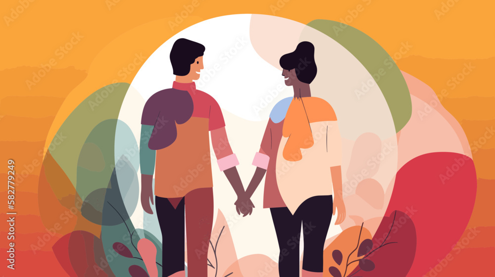 A Couple Holding Hands. Artsy Background. Editable Vector Art