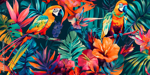 Parrots and jungle flowers pattern  floral illustartion  colourful  vintage style  Generative AI