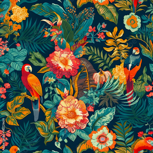 Parrots and jungle flowers pattern, floral illustartion, colourful, vintage style, Generative AI