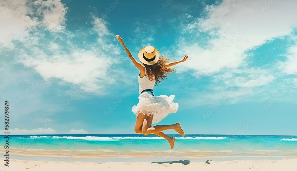 happy woman jumping on the beach