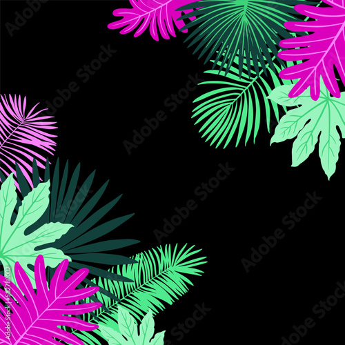 Green and pink tropical trendy leaves and flowers. Black background graphic plants. 