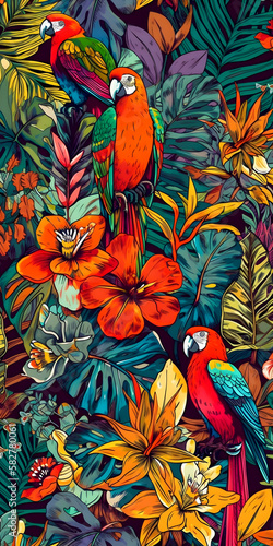 Parrots and jungle flowers pattern, floral illustartion, colourful, vintage style, Generative AI © PixelPusher