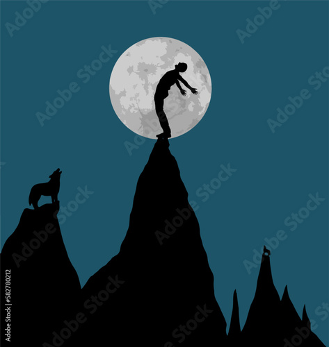 Letting off his emotions a man howls at the moon with a coyote nearby in a 3-d illustration about emotions.